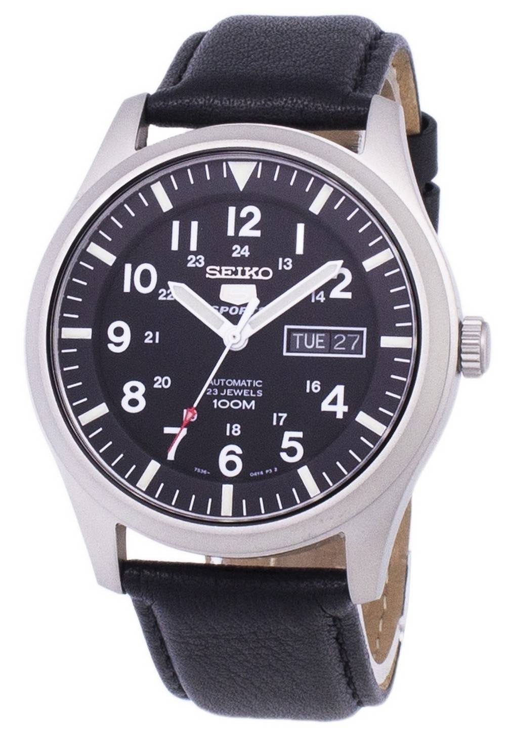 Seiko 5 Sports Automatisk svart läder SNZG15K1-var-LS10 100M herrklocka