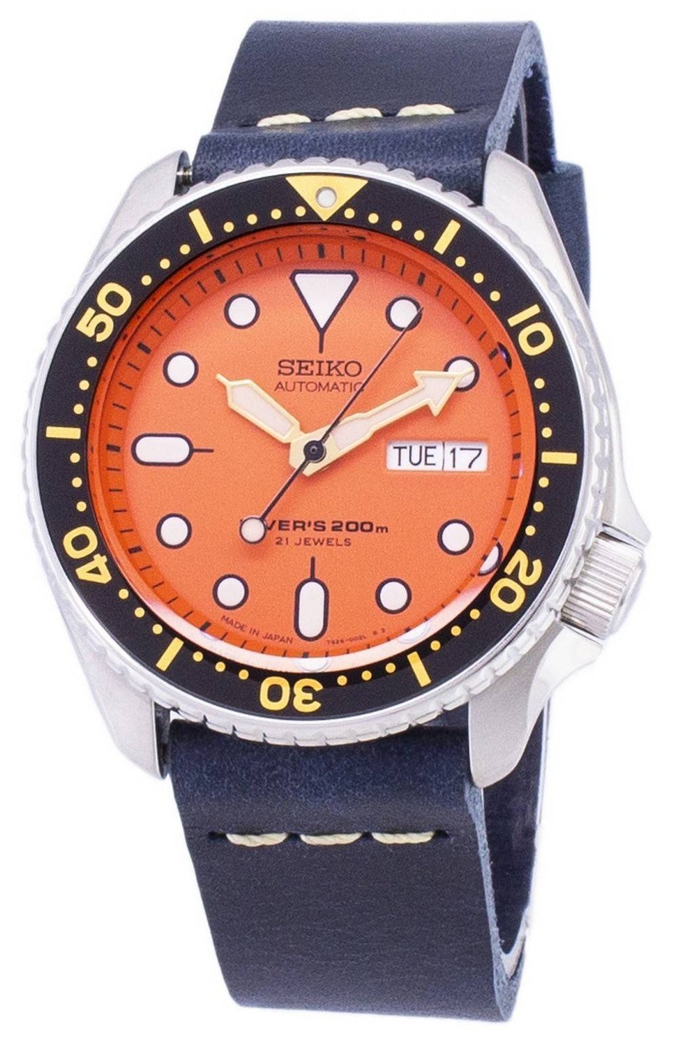 Seiko Automatic SKX011J1-var-LS15 Diver's 200M mörkblå läderrem herrklocka