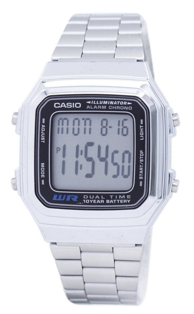 Casio digitalt larm i rostfritt stål Chrono Dual Time A178WA-1ADF A178WA-1A herrklocka