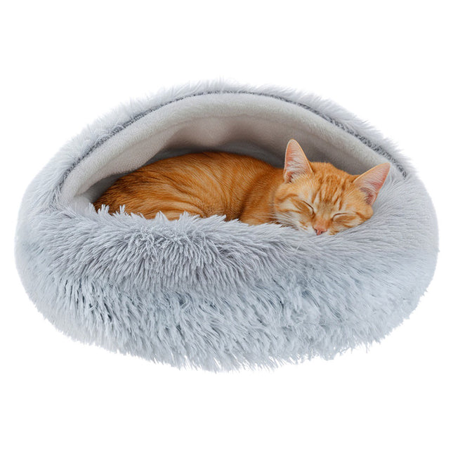 FURVEO - Bädd för hund och katt med tak och mjuk plysch, grå, 44×38 cm