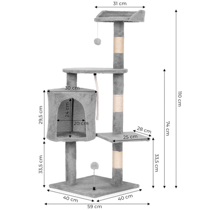 FURVEO - Cat Scratching Post Tower with House, 110 cm Gray