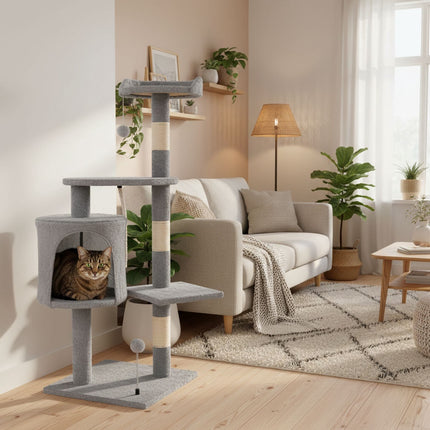 FURVEO - Cat Scratching Post Tower with House, 110 cm Gray