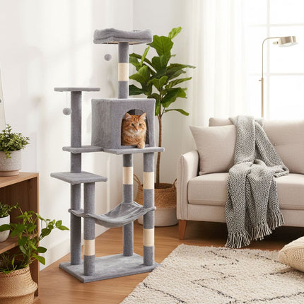 FURVEO - Klösträd med sisal, hängmatta och liggplattform, grå, 110 cm