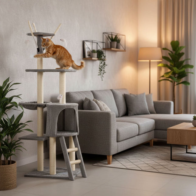 FURVEO - Klösträd med sisal, hängmatta och liggplattform, grå, 134 cm