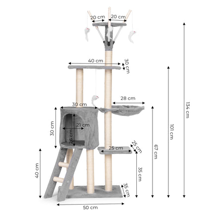 FURVEO - Klösträd med sisal, hängmatta och liggplattform, grå, 134 cm