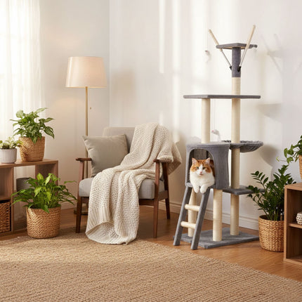 FURVEO - Klösträd med sisal, hängmatta och liggplattform, grå, 134 cm