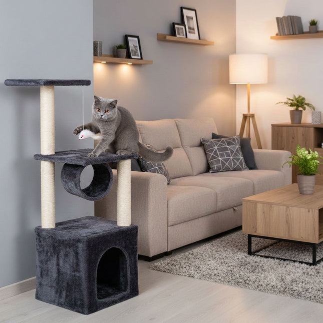FURVEO - Klösträd med sisal, koja och liggplattform, grå, 94 cm