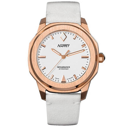 Nappey Renaissance Rose Gold And White Mocka Automatisk NY41-BD2M-3B2A 200M unisexklocka