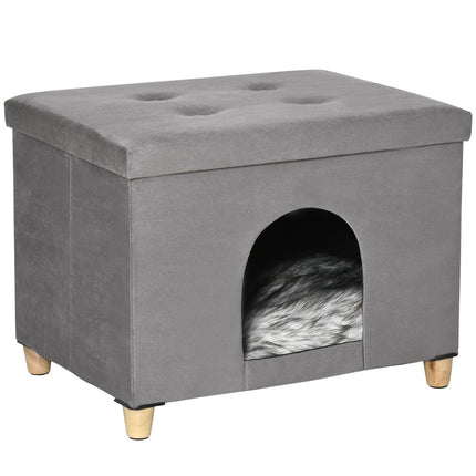 PAWROOM - Hopfällbar kattkoja med mjuk plysch, grå/svart/vit, 60×45×44,5 cm
