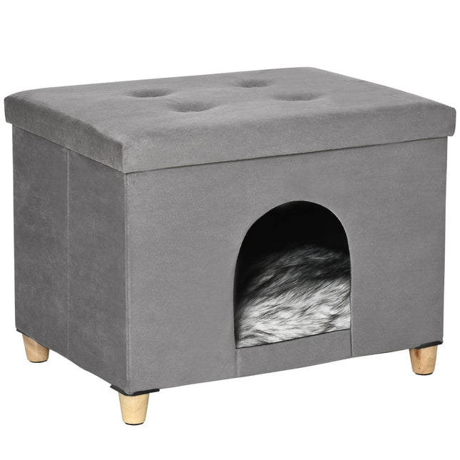 PAWROOM - Hopfällbar kattkoja med mjuk plysch, grå/svart/vit, 60×45×44,5 cm