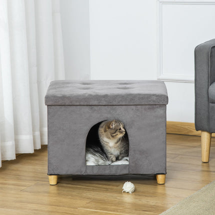 PAWROOM - Hopfällbar kattkoja med mjuk plysch, grå/svart/vit, 60×45×44,5 cm