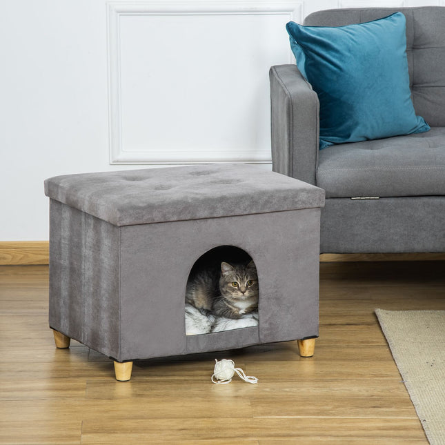 PAWROOM - Hopfällbar kattkoja med mjuk plysch, grå/svart/vit, 60×45×44,5 cm