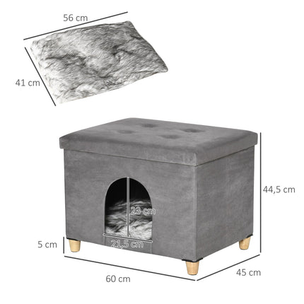 PAWROOM - Hopfällbar kattkoja med mjuk plysch, grå/svart/vit, 60×45×44,5 cm