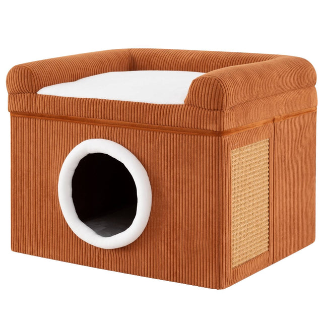 PAWROOM - Foldable Cat House with Sisal Scratch Mat & Cushion, Brown