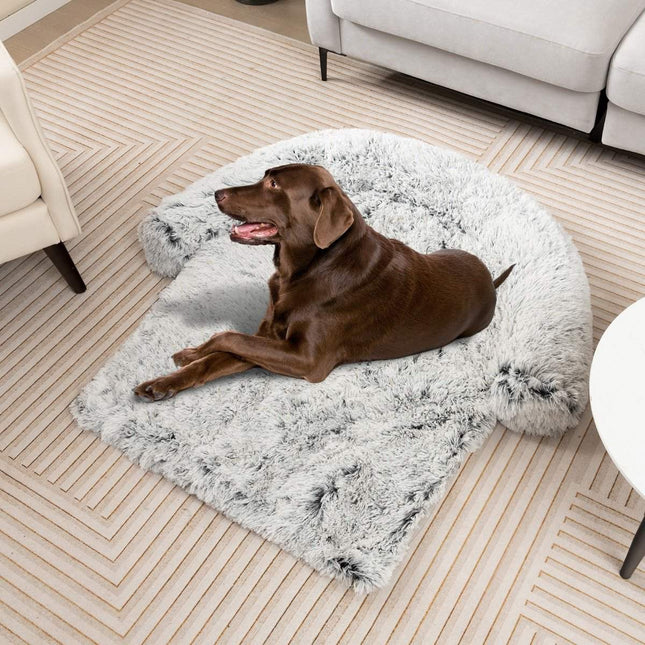 PAWROOM - Plush bed for dogs with non-slip base, removable washable cover and soft neck roll, large 115 x 120 cm, grey-white