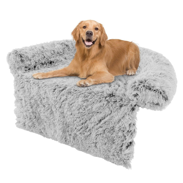 PAWROOM - Plush bed for dogs with non-slip base, removable washable cover and soft neck roll, large 115 x 120 cm, grey-white