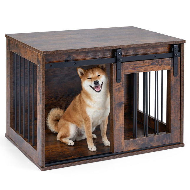 PAWROOM - Dog Crate Furniture with Sliding Barn Door, 80 cm, Brown