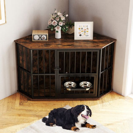 PAWROOM - Corner Dog Crate Furniture, 114x60x68 cm, Adjustable Feeder