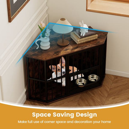 PAWROOM - Corner Dog Crate Furniture, 114x60x68 cm, Adjustable Feeder