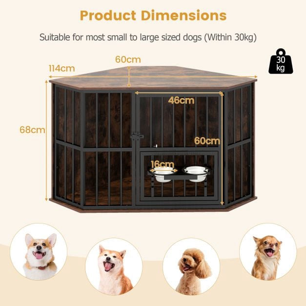 PAWROOM - Corner Dog Crate Furniture, 114x60x68 cm, Adjustable Feeder