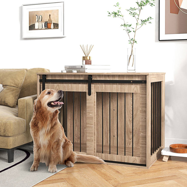 PAWROOM - Hundbur med möbelfunktion i stål med trälook, 98×58×61 cm