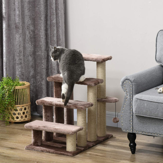 PAWROOM - Pet ladder with scratching post, plush, brown, 60x40x64 cm