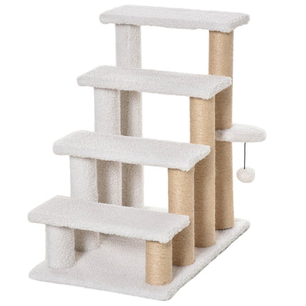 PAWROOM - Pet Stairs with Scratching Post, 4 Steps, Plush Jute White