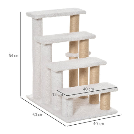 PAWROOM - Pet Stairs with Scratching Post, 4 Steps, Plush Jute White