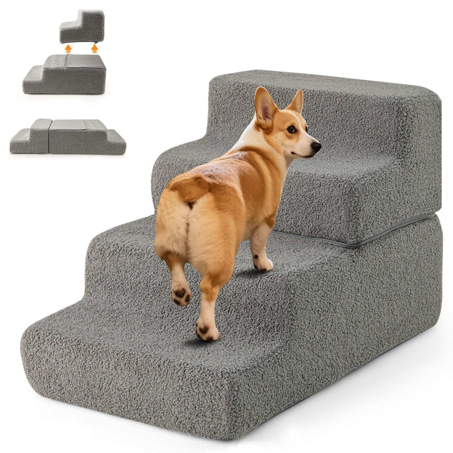 PAWROOM - Foam Pet Stairs, 4-Step, Non-Slip, Washable Cover, Gray