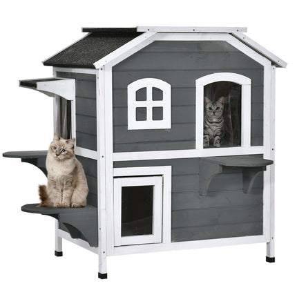 PAWROOM - Katthus för utomhusbruk med 2 nivåer, grå/vit, 78×55,5×91 cm