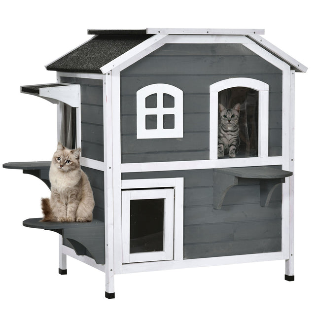 PAWROOM - Katthus för utomhusbruk med 2 nivåer, grå/vit, 78×55,5×91 cm