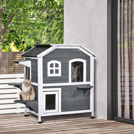 PAWROOM - Katthus för utomhusbruk med 2 nivåer, grå/vit, 78×55,5×91 cm