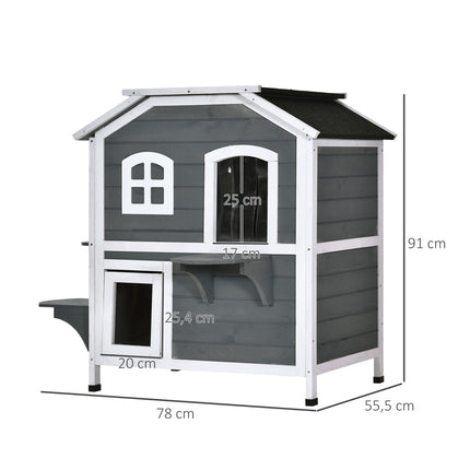 PAWROOM - Katthus för utomhusbruk med 2 nivåer, grå/vit, 78×55,5×91 cm