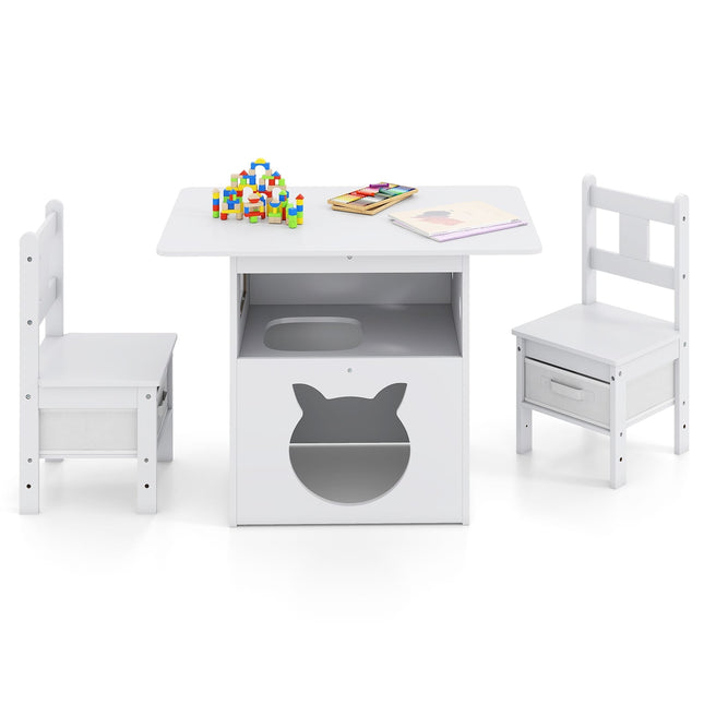 PAWROOM - Kids Table Set with Cat House, 2 Chairs, Storage Boxes