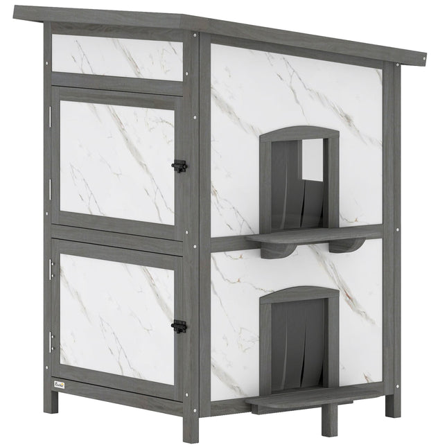 PAWROOM - Katthus i gran för utomhusbruk, grå/vit, 60×60×88 cm