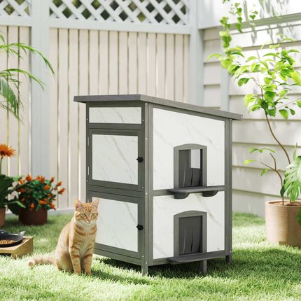 PAWROOM - Katthus i gran för utomhusbruk, grå/vit, 60×60×88 cm