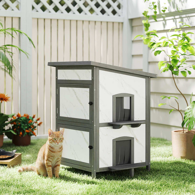 PAWROOM - Katthus i gran för utomhusbruk, grå/vit, 60×60×88 cm