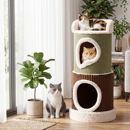 PAWROOM - Katthus i sammetstyg, grön/brun/beige, cirka 40,6×85,1 cm