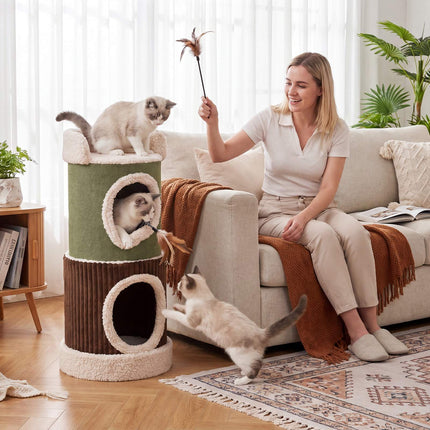 PAWROOM - Katthus i sammetstyg, grön/brun/beige, cirka 40,6×85,1 cm