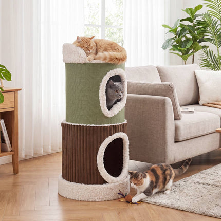 PAWROOM - Katthus i sammetstyg, grön/brun/beige, cirka 40,6×85,1 cm