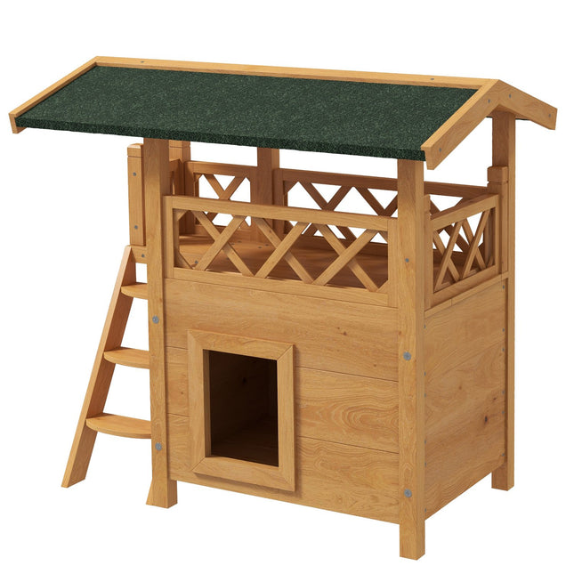 PAWROOM - Katthus med 2 nivåer och balkong, natur/grön, 77×50×73 cm