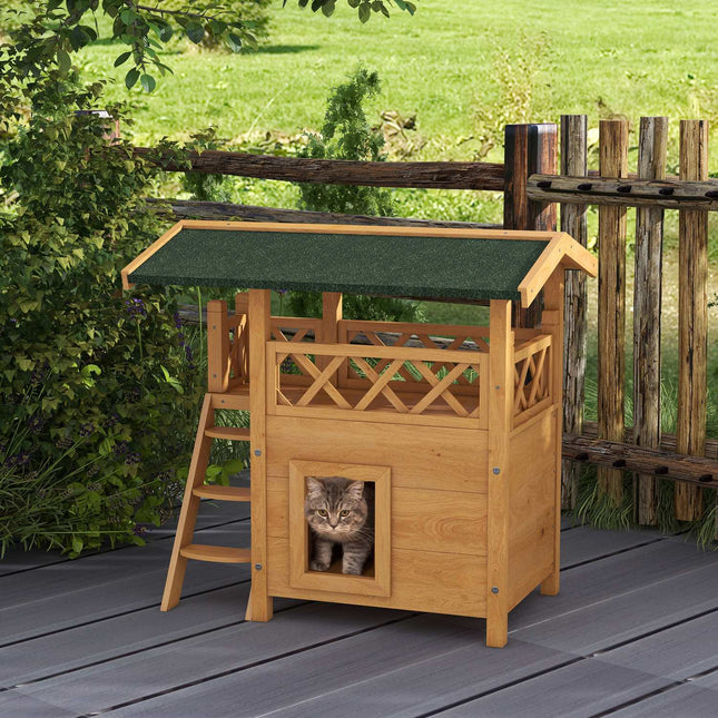 PAWROOM - Katthus med 2 nivåer och balkong, natur/grön, 77×50×73 cm