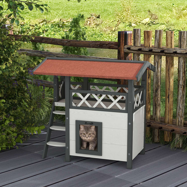 PAWROOM - Katthus med 2 nivåer och balkong, vit/röd, 77×50×73 cm