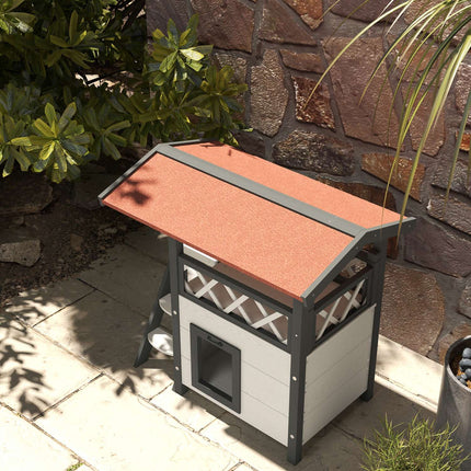 PAWROOM - Solid wood cat house - 2-story house with balcony and stairs