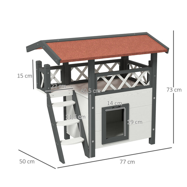 PAWROOM - Katthus med 2 nivåer och balkong, vit/röd, 77×50×73 cm