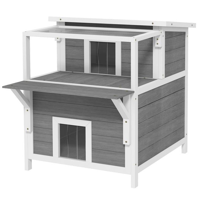 PAWROOM - Outdoor Spruce Wood Cat House with Balcony, 64 x 87 x 76 cm