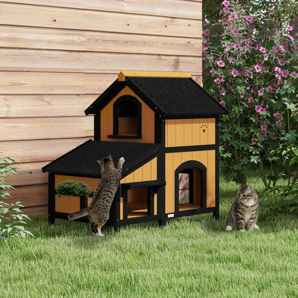 PAWROOM - Outdoor wooden cat house, 2-story, asphalt roof, yellow