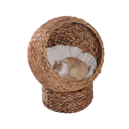 PAWROOM - Rattan Cat Cave Bed With Cushion, Water Hyacinth, 50cm