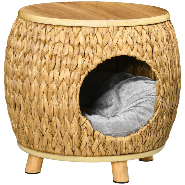 PAWROOM - Kattkoja i vattenhyacint, ljusbrun/natur/grå, 44×43×42 cm