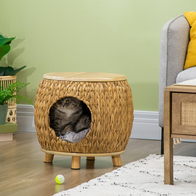 PAWROOM - Kattkoja i vattenhyacint, ljusbrun/natur/grå, 44×43×42 cm